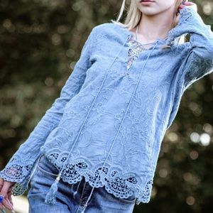 🦋 Beautiful Boho Blue Embroidered Long Sleeve 100% Cotton Tunic Top. Size S/M